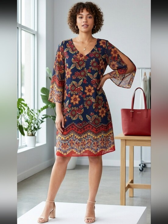 madison leigh Dresses & Skirts - Madison Leigh Boho Chiffon Shift Dress with Split Sleeves Navy Plus Size 16.